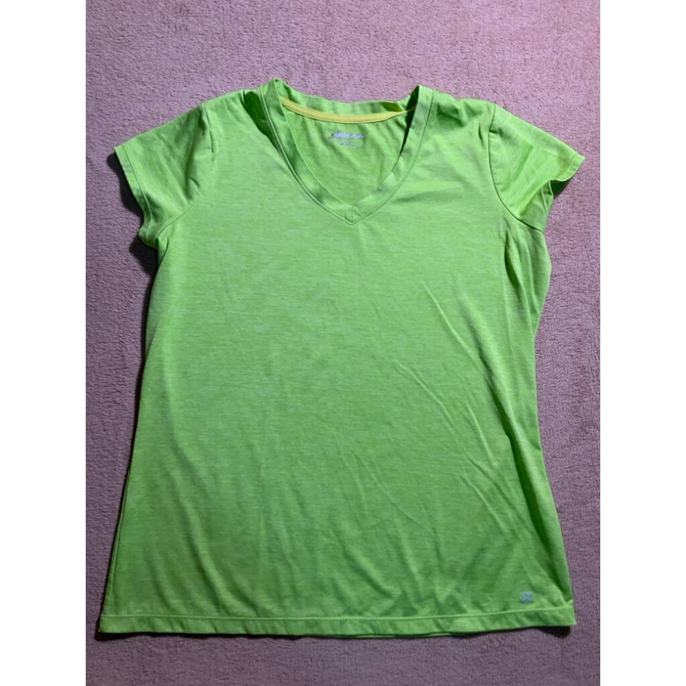 Xersion Performance Wear Women Large Neon‎ Lime Green V-Neck Short Sleeve Top